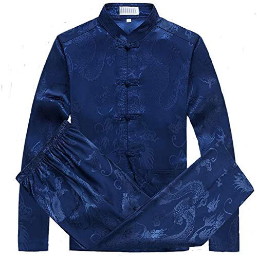 ERNP Kampfsportbekleidung Herren Chinesische Traditionelle Kampfkunst Kung Fu Uniform Langarm Tang-Anzug,Blau,XXXL