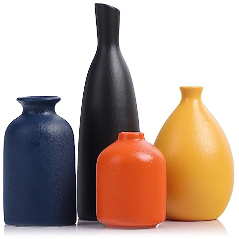 Set di 4 vasi in ceramica colorati - vasi piccoli moderni gialli, arancioni, blu per la decorazione della casa, soggiorno, cucina, ufficio, bagno, mantello, ingresso, decorazione della fattoria