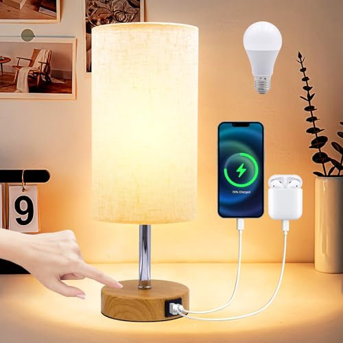 PQETBV Lampada da Comodino Touch, Lampada Camera da Letto Comodino con Porte di Ricarica USB A+C, Paralume in Tessuto di Lino, Lampada da Tavolo per Camera da Letto Soggiorno Ufficio