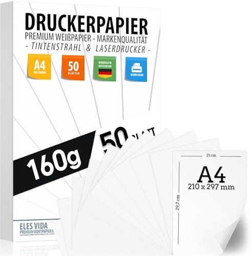 50 BLATT Weißes Druckerpapier A4 160g weiß – PREMIUM PAPIER Reinweiß - DIN A4-21 x 29,7 cm - Zeichenpapier dick,unbedruckt für Uni, Fotografie, Präsentationen, Basteln, hochwertiges Bewerbungspapier
