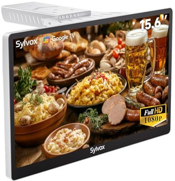 SYLVOX Televisor de Cocina, Mini Smart TV de 15.6 Pulgadas, 1080P Full HD Bajo Armario con Google TV y Sintonizador DVB-C/T2/S2, Televisor Compacto de 12V para Cocina, Habitación Infantil y Lavandería