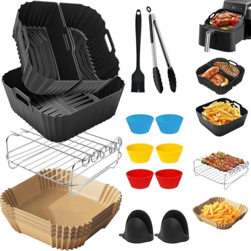 Accessori Friggitrice ad Aria per 4L-8L Quadrati Teglia per Friggitrice ad Aria per Cosori, Philips, Russell Hobbs, Moulinex, Cecotec con Riutilizzabile Silicone Cestino, Griglia, Carta Forno