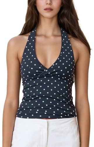Auriselle Femme Y2K Gilet Top Sexy Col à Pois Camisole Réglable Spaghetti Strap Débardeur Dos-Nu Col V Profond Slim Fit sans Manches Cami T-Shirt D'été, Noir, M