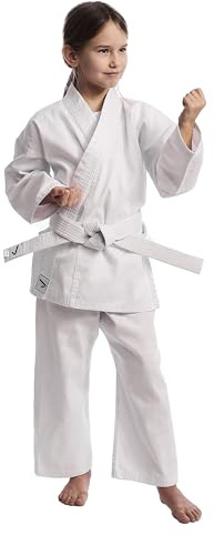 IPPONGEAR Club 2 Karate Gi Set Tuta da Karate per Principianti Tuta per Bambini Inclusa Cintura Bianca (Taglia 100, Cintura con Lacci, densità del Tessuto 220gr/m²) Bianco