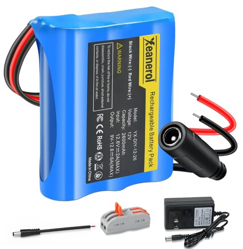 Xeanerol 12V 2600mAh Rechargeable Li-ion Battery Pack with Charger, Bare Leads Wire Replacement Lithium Battery Compatible with 12 Volt Devices RC Car, Boat, Robot, DIY, LED Light Strip, CCTV Camera
