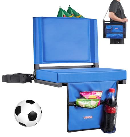 VEVOR Sedia da Stadio Pieghevole con Schienale Seduta Imbottita con Tracolla Larghezza 431,8 mm Cuscino del Sedile per Campeggio Prato Giardino Gancio e Tasca Laterale, Blu, Confezione da 1