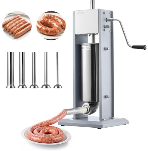 VEVOR Insaccatrice per Salsicce Manuale da 5 Litri, Macchina per Insaccatura Verticale con Due Velocità e 5 Tubi di Riempimento e Maniglia, in Acciaio Inossidabile per Uso Commerciale Domestico