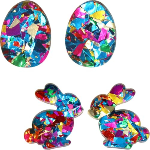 FRCOLOR Pendientes de Pascua Acrílicos 2 Pares (1 Huevo 1 Conejo) para Mujer y Niñas, Diseño Ligero y Festivo, Accesorios para Fiesta de Temporada, Pendientes de Conejito de Pascua