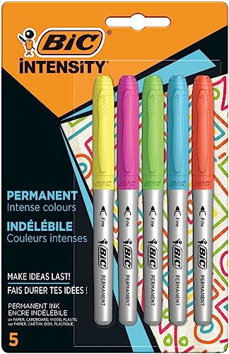 BIC Pennarelli Indelebili Colorati, Intensity Permanent Markers, Colori Assortiti, Confezione da 5, Fornitura Cancelleria Scuola