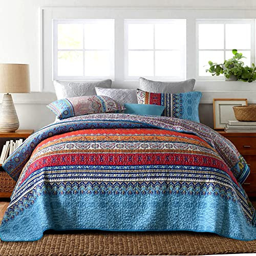 Qucover Bohemian Queen-Size-Steppdecke, 3-teilig, weiche Mikrofaser, ethnischer Stil, Boho-Stil, rot, orange und blau, gesteppte Überwurf-Tagesdecken, mehrfarbige Boho-Steppdecken, 218.4x238.8 cm