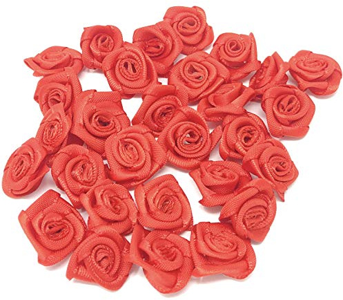 Red 15mm Miniature Satin Ribbon Rose Flowers Decorative Craft Flowers (25)