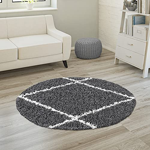 Paco Home Hochflor Teppich Wohnzimmer Shaggy Langflor Skandinavisch Rautenmuster Modern, Grösse:120 cm Rund, Farbe:Anthrazit