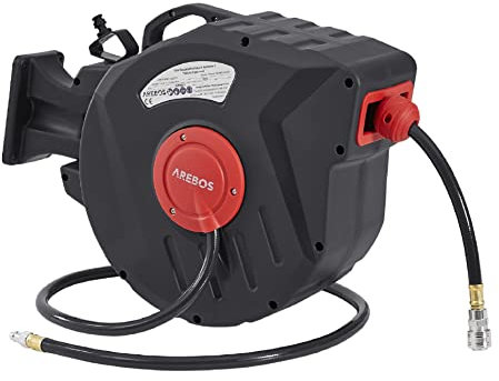 Arebos Enrollador de manguera de aire comprimido | 20 m | enrollador automático de manguera | soporte de pared | acoplamiento rápido de 1-4 pulgadas | giratorio 180° | incluye soporte de montaje