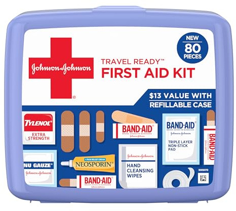BAND-AID Brand Travel Ready Portable Emergency First Aid Kit for Minor Wound Care, Perfect for Home, Car, Travel, Camping Essentials & Outdoor Emergency Kit, 80 Pieces