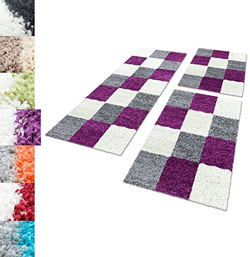 Carpettex Bettumrandung Schlafzimmer 3teilig Shaggy Teppich Hochflor Karo Muster Lila Bettset:2 mal 60x110 + 1 mal 80x150 - Bettvorleger Schlafzimmer Läuferset Flauschig Langflor Bettumrandung Teppich
