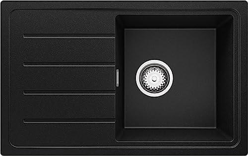 PRIMAGRAN Evier Cuisine en Granit Noir 70x44cm, Lavabo 1 bac + Kit de Vidage, Évier à Encastrer al mueble 45cm - Copenhague Easy S019