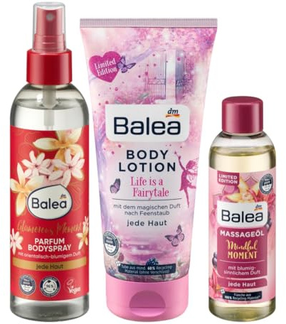 Balea 3er-Set Hautpflege: Parfum Bodyspray GLAMOROUS MOMENT erfrischendes Körperspray orientalisch-blumig (150 ml) + Bodylotion LIFE IS A FAIRYTALE (200 ml) + Massageöl MINDFUL MOMENT (100 ml), 450 ml