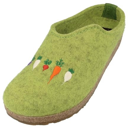 HAFLINGER Grizzly Rübli Filzpantoffel Hausschuh Filzclog mit Rübenmotiv unisex (Canarygreen 98) Gr. 40