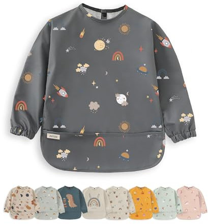 ARTEE Ärmellätzchen beschichtet wasserfest abwischbar Lätzchen mit Ärmeln, Baby, Wasserdichtes Lätzchen, ideal als Geschenk (Sky & Space, M)