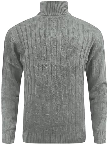 fashionego Mens Cable Knit Turtle Neck Jumper Polo Roll Neck Sweater Pullover Ribbed Knitwear Fisherman Menswear Pullover, Grey - FE, M