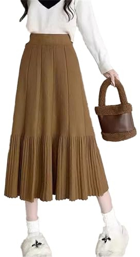 SUIUOI gonna invernale da donna, mezza lunga, in lana e jersey, vintage, plissettata, linea A, elegante, gonna midi, 6 # Cammello, Taglia unica