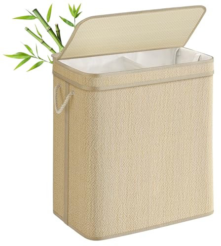 SONGMICS Laundry Basket, 2-Section Laundry Hamper, 130 L Bamboo Clothes Organiser, Removable Liner, Machine Washable Bag, with Lid, Handles, for Bedroom, Living Room, Natural Colour LCB068Y01