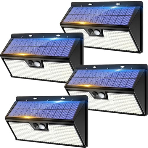 4 Pack Solar Security Lights Outdoor Motion Sensor, 318LED Super Bright Led Solar Powered Light with 3 Lighting Modes, IP65 Waterproof Wireless Pir Wall Lights for Outside Garden Fence Yard Path