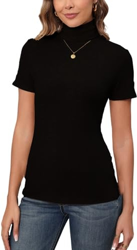 Pull Col Roulé Femme Manches Courtes Body Tricot Léger Tee Shirt Ajusté Moderne Col Montant sous Pull Basique Pullover Laine Top Haut Vintage Chic Automne Printemps Confortable Noir XL