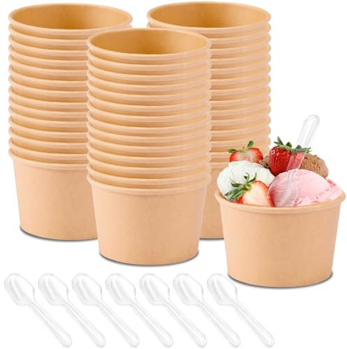 Sporgo Juego de 50 Vasos para Sopa de Cartón, 240 ml, con Cucharas, Tazas Marrones Compostables con PLA para Ensalada, Postres, Aperitivos