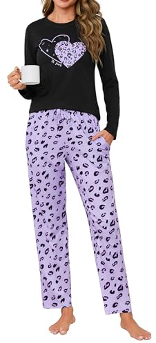 Uniexcosm Pigiama Donna Lungo, Donna Pigiama Due Pezzi Maniche Lunghe+Pantaloni con Tasca e Coulisse Regolabile Set Pigiama Donna Cotone Sleepwear Nightwear per Autunno Inverno