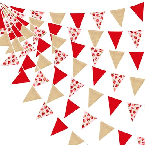 32 Ft - Guirnalda de banderines de tela de yute, fresas, decoración de fiesta, color rojo, fresas, yute triángulo, bandera banderola banderola para cumpleaños de niña, rústicos, boda, bautizo, EVJF