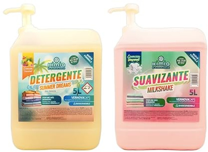 KIMIA - Pack Detergente Concentrado Summer Dreams + Suavizante Concentrado Milkshake 5L con Bomba | Limpieza Profunda | Fragancia Veraniega y Duradera | Protege Color de la Ropa | Suavidad y Frescor
