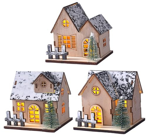 Lot de 3 Maisons de Village Noël Lumineuses avec Toit en Neige en Bois et décoration d'arbre pour centres Table Noël, décoration Maison Vacances