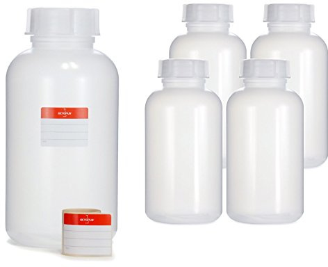 Octopus 5 x 2 000 ml breda halsflaskor av LDPE med skruvlock, tomma 2 liter flaskor med kemiska kaliumflaskor, laboratorieflaskor med lock som förvaringsbehållare för laboratorium, kök eller hobby