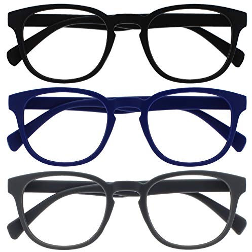 OPULIZE Pop Lesebrille 3er Pack Keck Rund Matt Rahmen Federscharniere Kratzfest Schwarz Blau Grau Herren Damen RRR2-137 +1.00