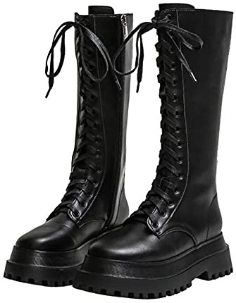 Donna A metà Polpaccio Stivali di Pelle con Plateau Stringati Stivaletti Alti Retro Anfibi Biker Combattimento Stivali Lunghi,Nero,37 EU