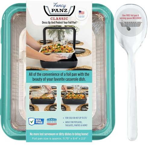 Fancy Panz - Aqua Classic Aluminum Foil Pan Carrier with Lid - Elevated Food Serving Tray - Portable Casserole Carrier with Lid - Made in The USA Hosting Essentials