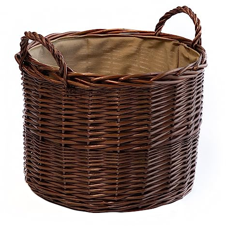 Arthur Cameron Deluxe Circular Wicker Log Basket with Handles & Lining - Large Wicker Storage Basket, Round Log Basket, Round Basket (Small, Distilled Brown)