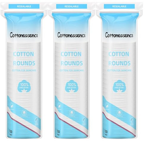 Cotton Rounds for Facial Cleansing and Nail Polish Removal - 100% Pure Cotton, Hypoallergenic Makeup Remover Pads, Lint-Free Multi-Layer Design (100 Count, Pack of 3)