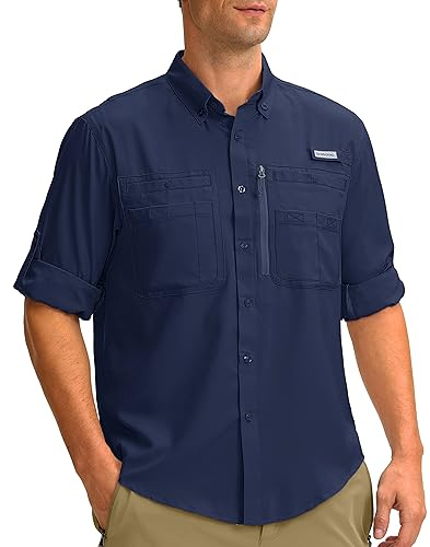 Men's Long Sleeve Sun Protection Fishing Shirt with Zipper Pockets UPF 50+ Lightweight Cool Sun Shirts for Men Hiking Outdoor(Navy,L)