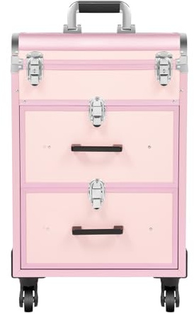 Maleta de maquillaje profesional, maletín bloqueable, bandejas retráctiles, maleta de maquillaje con ruedas, marco de aluminio, maletín profesional, joyería cosmética almacenamiento, rosa, modernidad