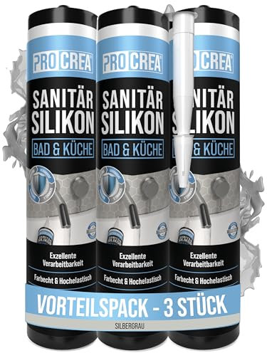 PROCREA® 3x Premium Sanitärsilikon Bad & Küche (Silbergrau) [mit Anti-Schimmel-Formel] Dichtmasse für innen & außen - Universal Silikon in Profi-Qualität (grau) - Made In Germany