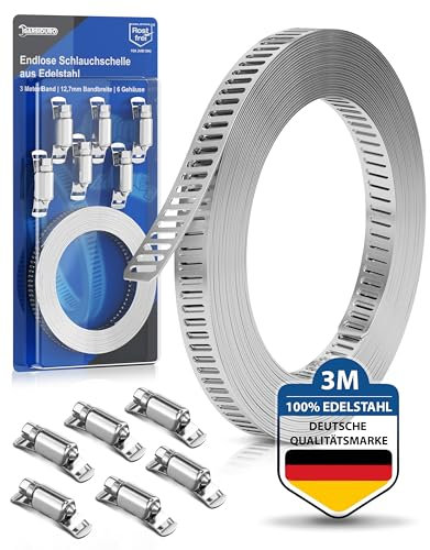 GARSIDURO® Endlos Schlauchschelle Edelstahl [3m] | Schlauchschellen Band mit 6 Clips | Profi Schlauchklemmen Bandschelle | Einstellbare DIY Schelle geeignet als Rohrschelle und Schellenband endlos