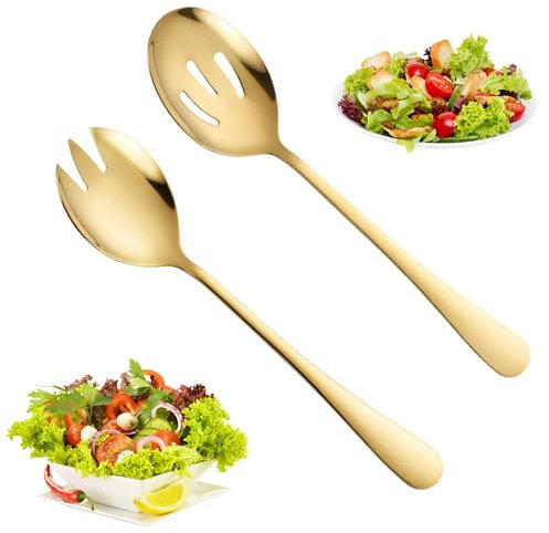 WUISOLQP Salatbesteck Edelstahl Vorlegebesteck, 22 * 5.2cm Servierlöffel Edelstahl Salatgabel Salatlöffel Salatbesteck Set für Dessert Multifunktion Löffel Gabel für Zuhause Restaurant (2 Stück)