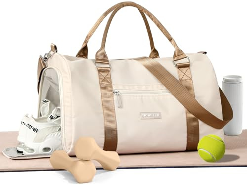 FIORETTO Womens Gym Sports Bag Travel Bag with Shoes Compartment & Wet Pocket, Weekend Overnight Duffle Hospital Bag Carry On Bag Holdall for Travel Swimming Beige & Brown