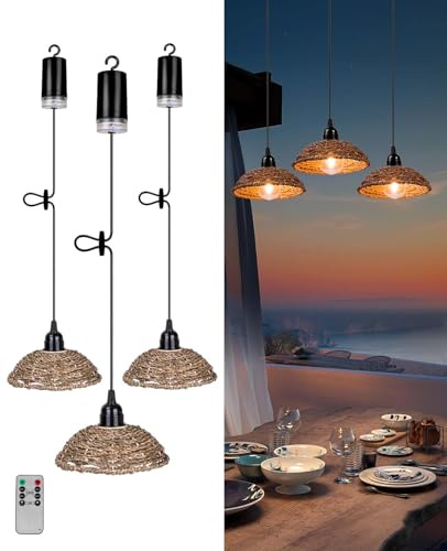 AVAMERY Battery Operated Chandelier with Remote, Boho Outdoor Pendant Lights with Natual Grass Lampshade, IP65 Waterproof, Perfect for Gazebo, Pergola, Patio, Porch(3 Packs)