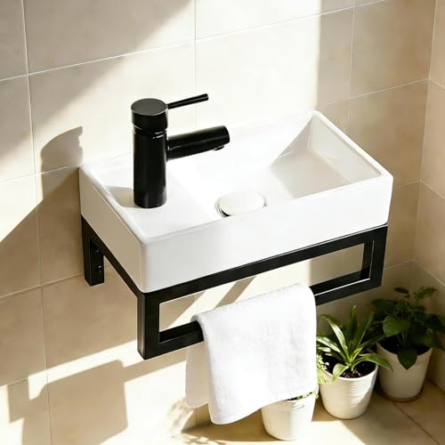 NUESTRA VIDA Lavabo WC Sospeso, 40x22 cm, per Bagno Ospiti e Piccoli Spazi. Struttura in Metallo Nero Opaco con Troppopieno, Design Salvaspazio per Appartamento