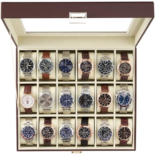 ProCase Watch Box Organizer, 18 Slot Watch Display Case With Glass Lid, Watch Storage Holder Mens Watch Case, Anniversary Birthday Valentine Gifts for Men Women -18 Slot, Espresso&Beige