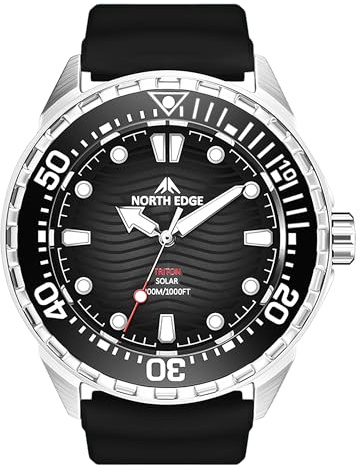 NORTH EDGE Triton Herren Solar Taucheruhr 300m wasserdicht – Edelstahlgehäuse, wiederaufladbarer Akku, Leuchtzeiger & Leuchtindizes, drehbare Lünette, Outdoor Sportuhr (Triton Schwarz)