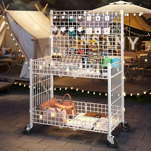 TRAGLO Carrito Plegable de Metal para Venta al por Menor, Carrito con Ruedas para Puesto de Mercado, Expositor de artesanías para ferias y Eventos minoristas(Blanco,100x55x130cm)